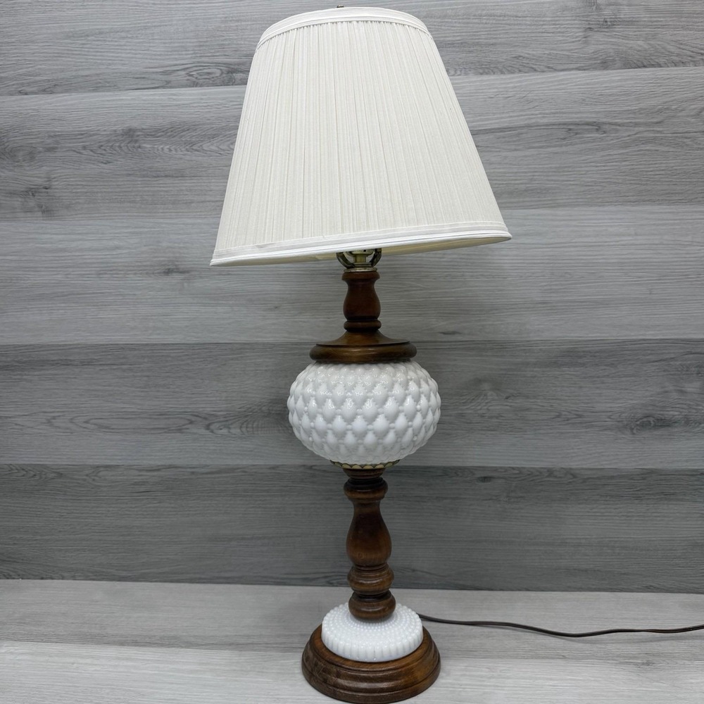 Milk Glass Hobnail Diamond Table Lamp Turned Wood Base Pleated Shade VTG